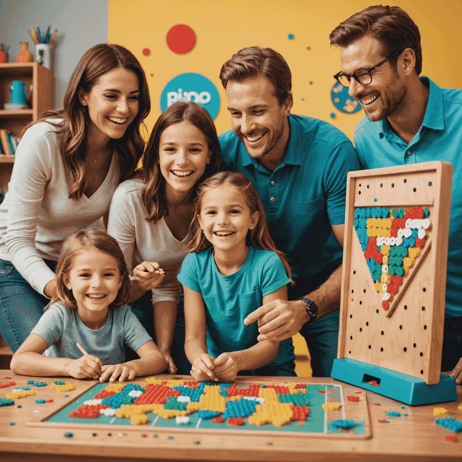Imagen de una emocionante partida de Plinko con una familia sonriente alrededor de un colorido tablero lleno de pines y fichas cayendo