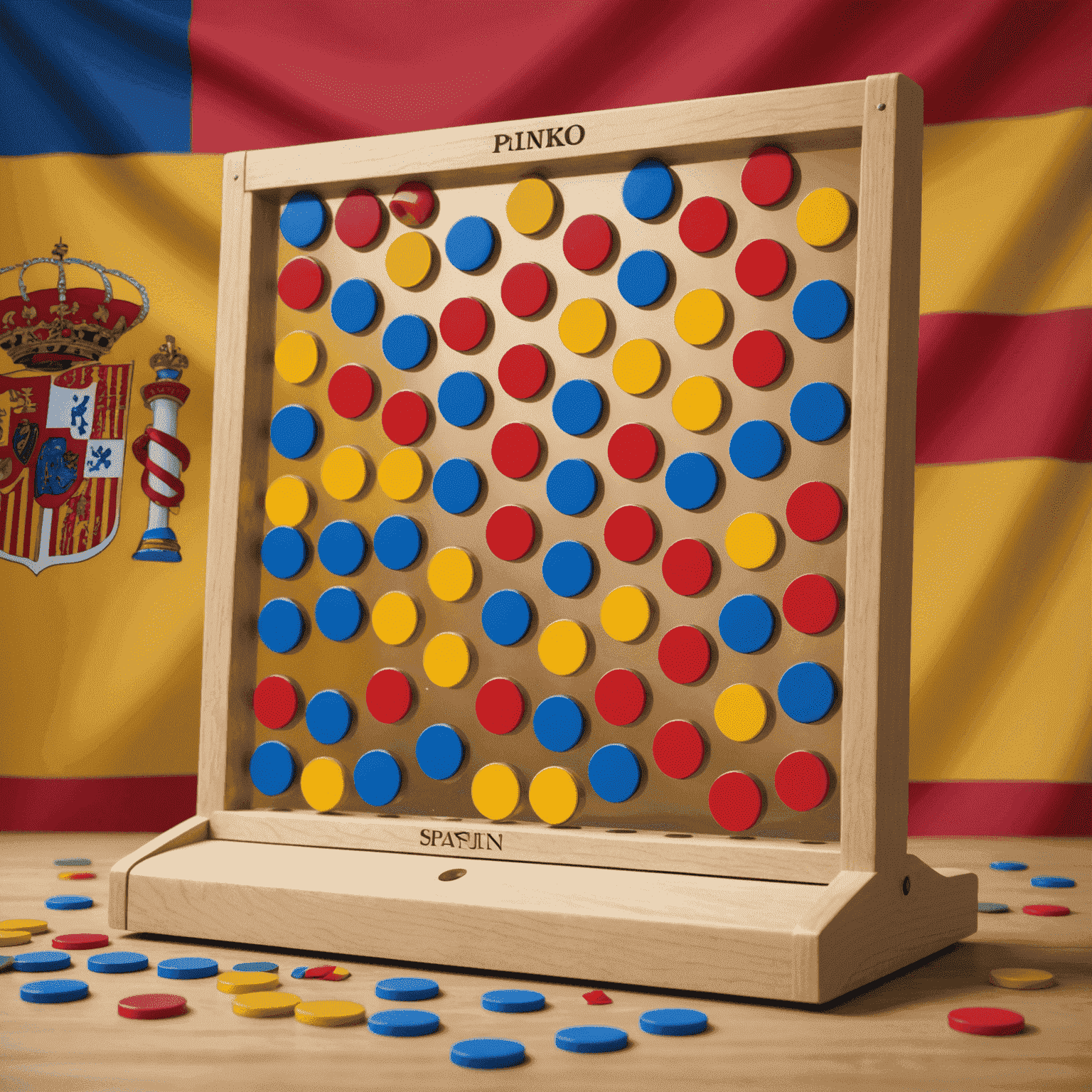 Tablero de Plinko con fichas cayendo entre pines, con la bandera española de fondo