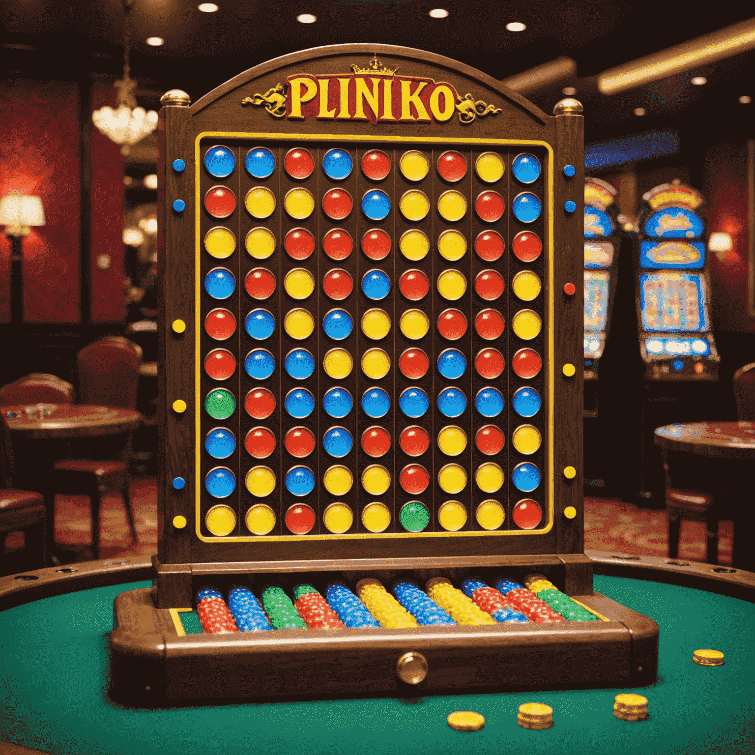 Interfaz del juego Plinko en Plinko España España, mostrando un tablero colorido con pines brillantes y fichas cayendo