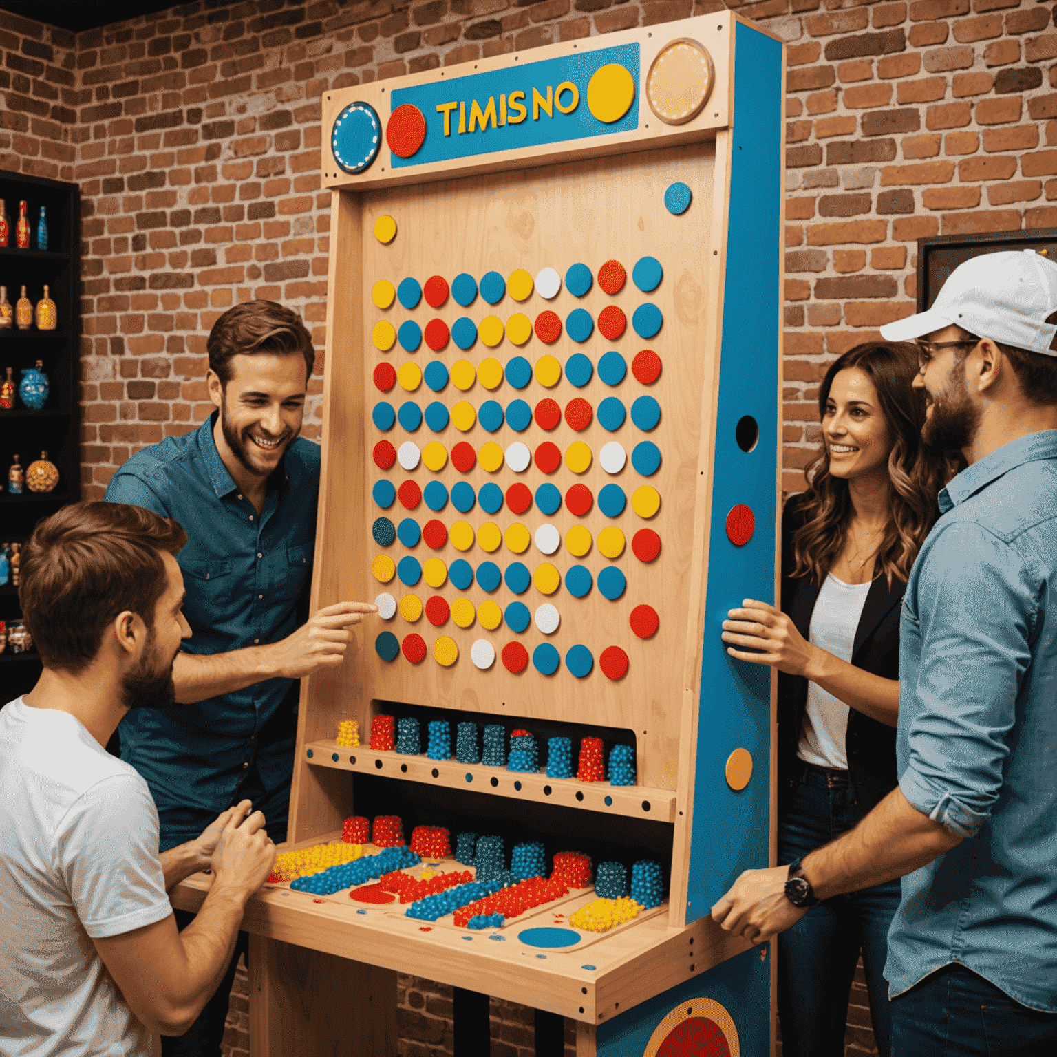 Tablero de Plinko moderno con variantes coloridas y fichas innovadoras, rodeado de jugadores entusiastas en un ambiente festivo español