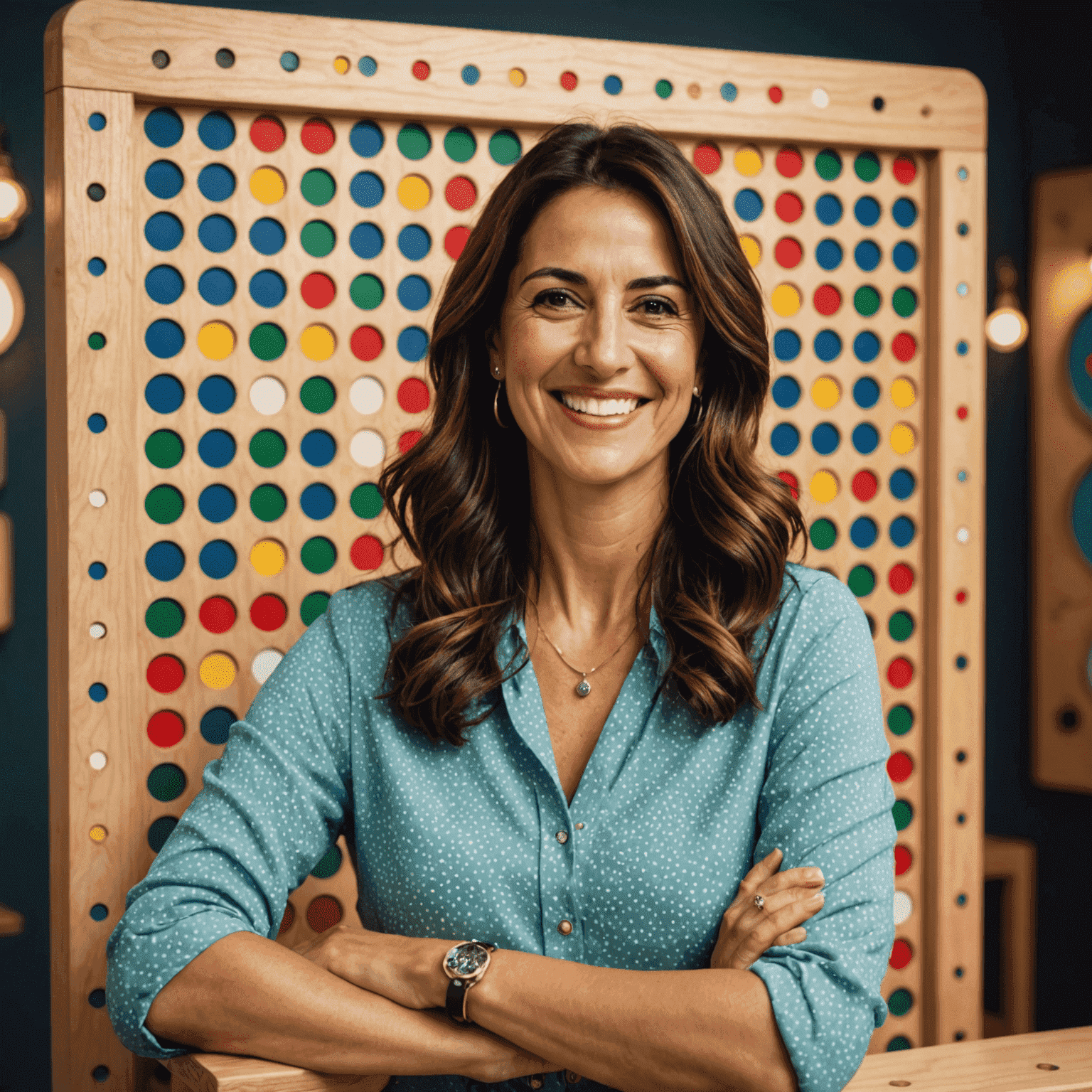 Foto de María García, fundadora de Plinko España, sonriendo y sosteniendo un tablero de Plinko