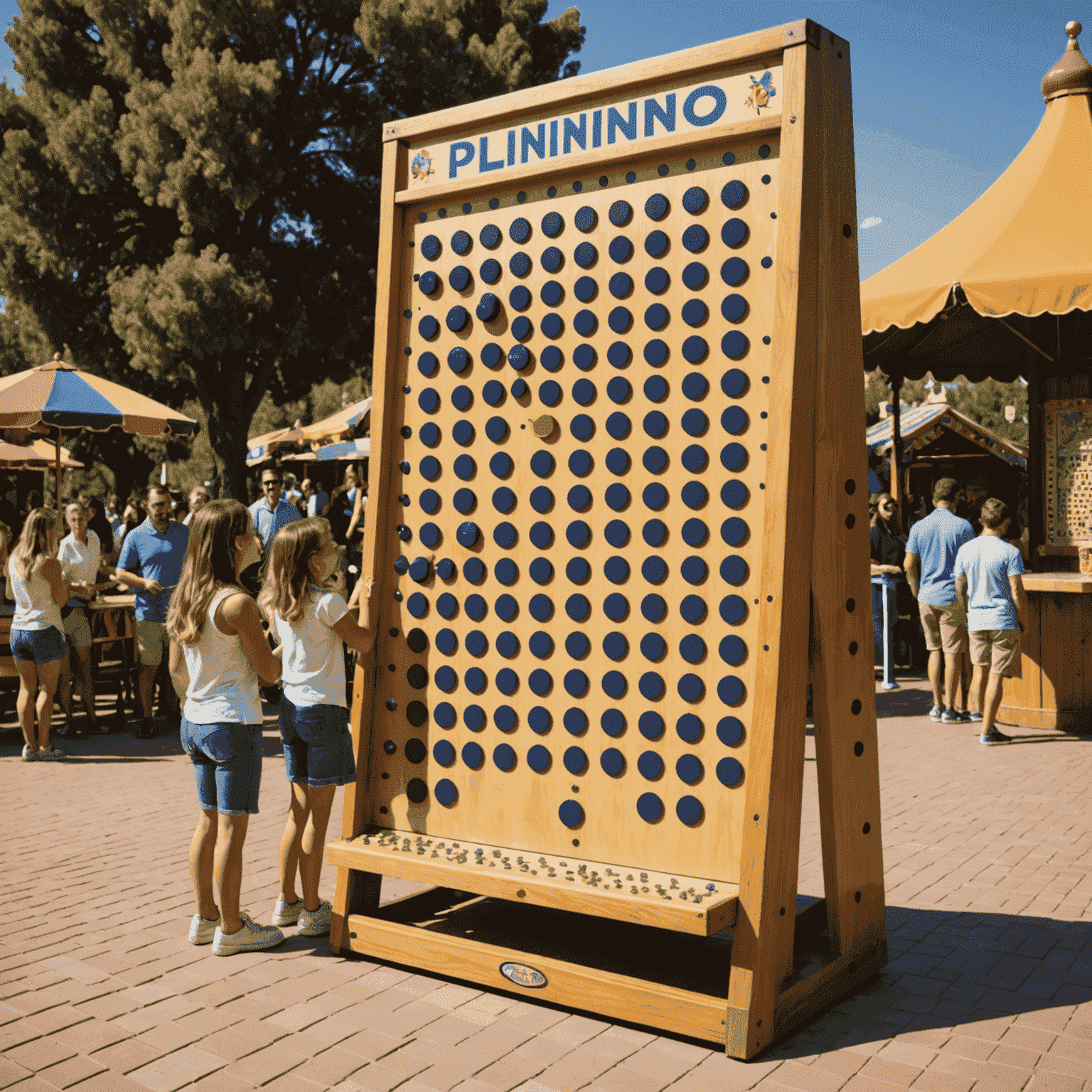 Plinko gigante instalado en un parque de atracciones español, con familias y amigos jugando y riendo alrededor del enorme tablero