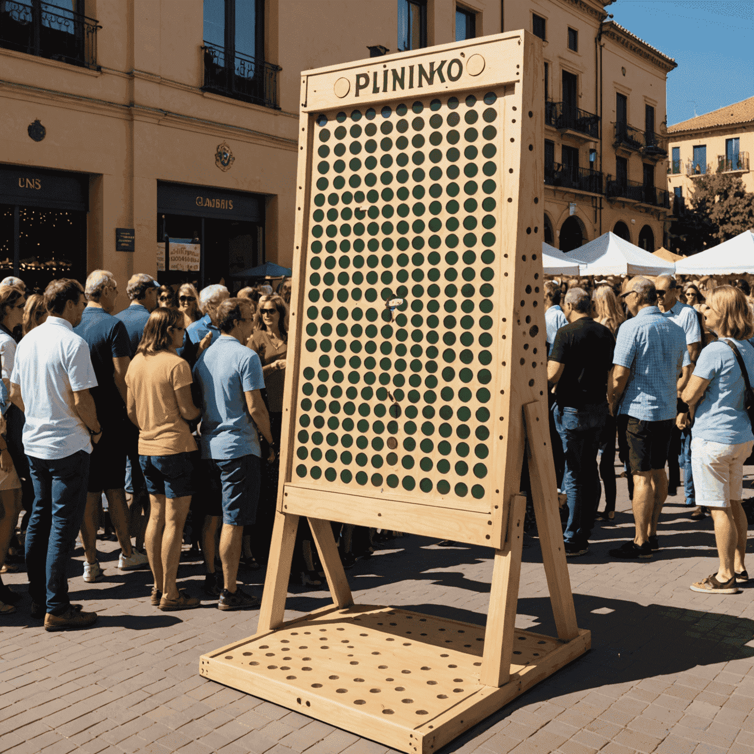 Tablero de Plinko gigante en una feria española con multitud alrededor