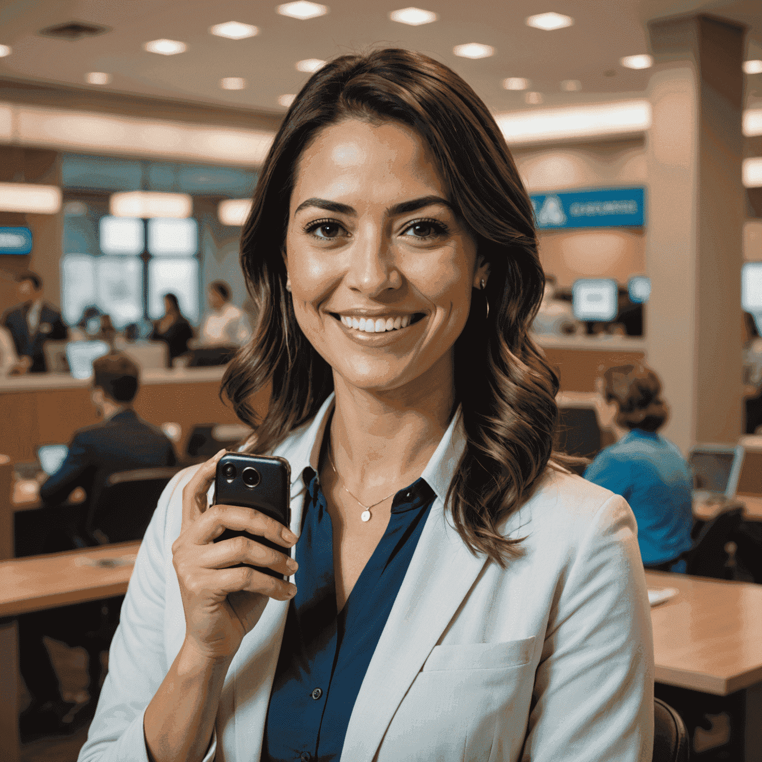 Foto de Ana Martínez, jefa de atención al cliente, sonriendo y con un teléfono en la mano